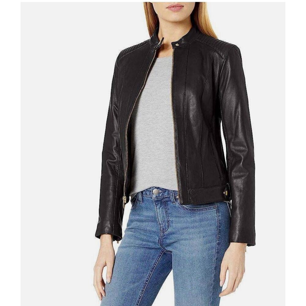 Cole Haan Women’s Racer Leather Jacket Classic Black Moto Style with Snap Large